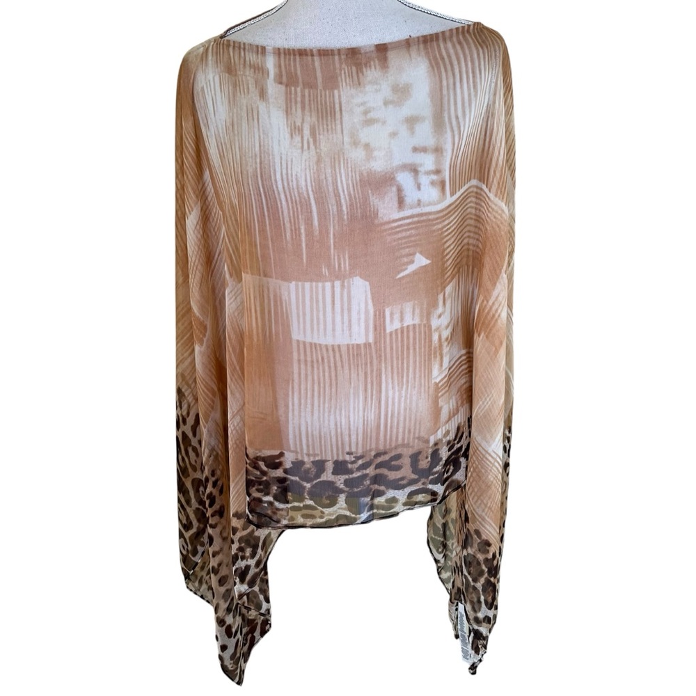 Chico's Tan/Animal Print Border Sheer Chiffon Poncho OS